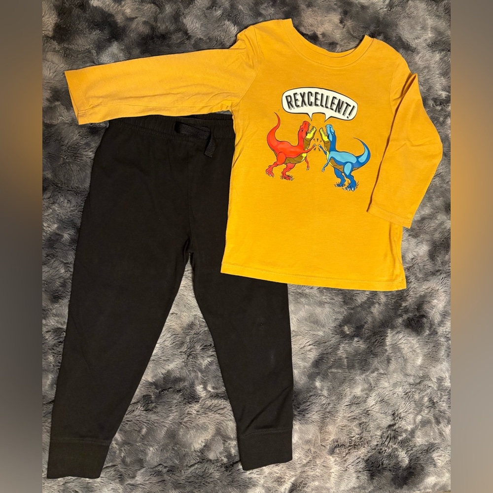 Goldenrod long-sleeved T-Rex t-shirt and black drawstring sweatpants size 3T
